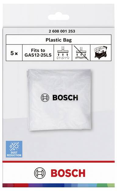 Bosch plastic tas pak voor GAS12-25L stofafzuiger, 5 tassen inbegrepen, met stofredictie label en Bosch merkbranding.