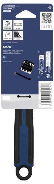 Bosch handgereedschapspakket op een blauw-wit kaartje, met een zwart-en-blauw handvat met een ophanglusje, plus QR-code, pictogrammen en streepjescode.