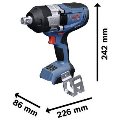 Afbeelding van een Bosch draadloze slagmotor met aangeduide afmetingen: 242 mm hoog, 226 mm lang en 86 mm breed.