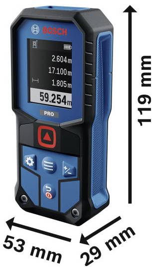 Bosch Pro laserAfstandsmeter weergegeven met afmetingen van 119 mm hoog, 53 mm breed en 29 mm diep.