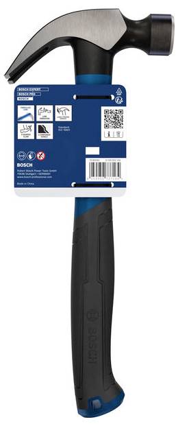 Bosch klauwerhamer met zwart handvat, weergegeven van voren op een productlabelpakket.