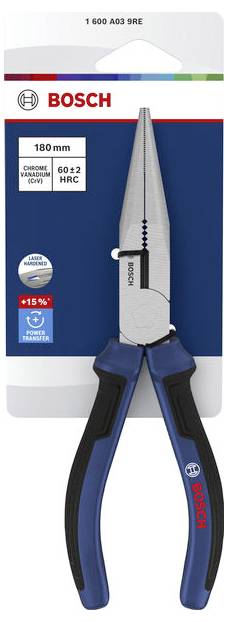 Verpakking voor Bosch 180 mm combinatietangen, met de gereedschap afgebeeld met blauw-zwarte handgrepen en etiketten voor chroomvanadiumstaal, 60±2 HRC, lasergeslepen snijkanten en +15% krachtoverdracht.
