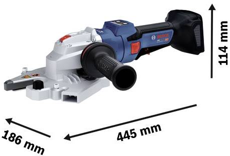 Bosch accugereedschap weergegeven in profielweergave met afmetingen aangegeven van 445 mm lang, 186 mm breed en 114 mm hoog.