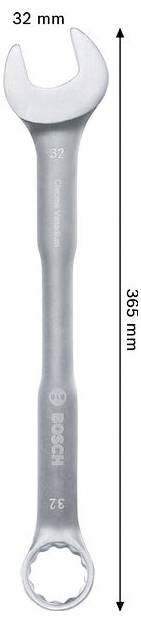 Dubbelzijdige sleutel geëtiketteerd 32 mm, met een lengte van 365 mm aangegeven door een verticale pijl.