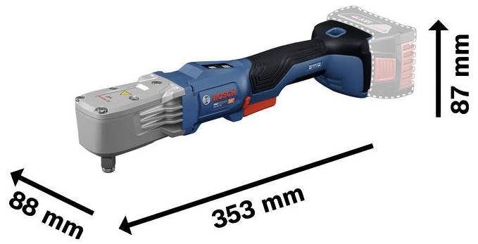 Draadloos Bosch elektrowerktuig weergegeven met gelabelde afmetingen: 353 mm lang, 87 mm hoog en 88 mm breed.