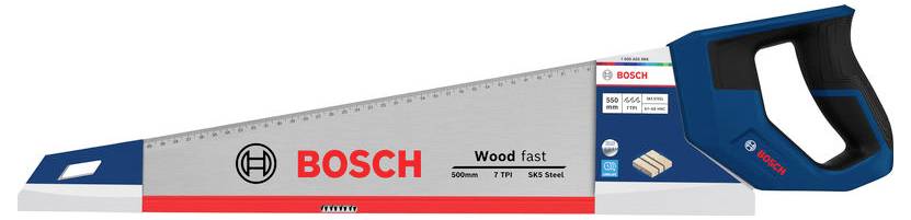 Een Bosch handzaag met blauwe handgreep en wit blad, gelabeld 'Wood fast' en groot 500mm, weergegeven in productverpackaging.