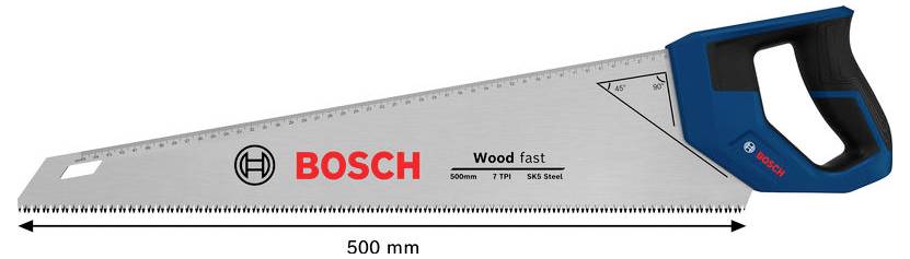 Bosch Wood Fast handzaag, 500 mm lang, met blauwe greep en fijntandige zaagblad.
