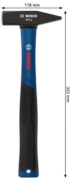 Bosch hamer met blauw en zwart handvat, gelabeld 500 g, weergegeven met afmetingen van 118 mm breed en 322 mm hoog.