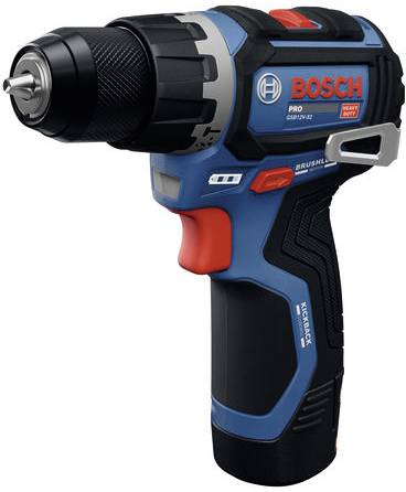 Bosch accuboormachine in blauw, zwart en rood, weergegeven in zijkant met zichtbare spantang en batterijgreep.