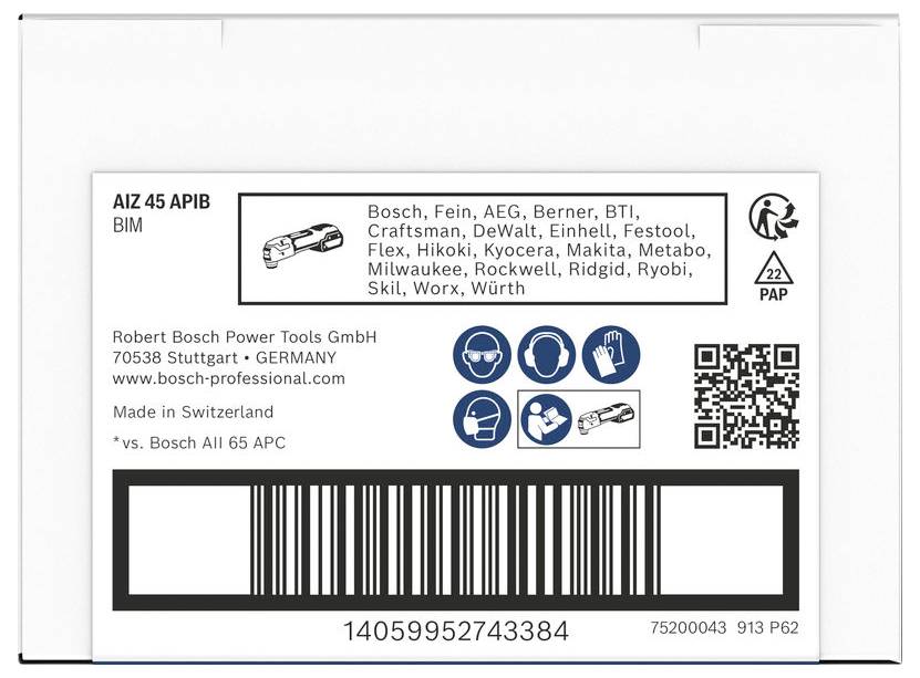 Productpakketlabel voor Bosch AIZ 45 APB BIM oscillerend zaagblad, met compatibiliteitslijst, veiligheidspictogrammen, QR-code, streepjescode en fabrikantgegevens.