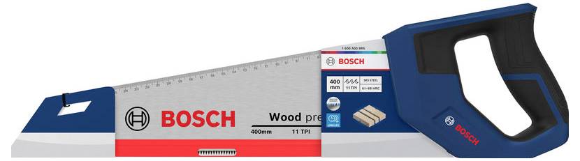 Bosch houtcirkelzaag met blauwe handgreep en 400 mm metalen zaagblad, getoond in originele producterverpakking.