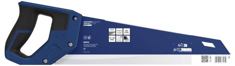 Handzaag met zwart handvat en blauw blad, weergegeven in zijkant met productlabels en streepjescode op het blad.