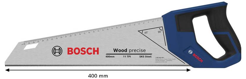 Bosch Wood precieze handzaag weergegeven in zijkant, gelabeld 400 mm met fijntandblad en blauw handvat.