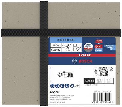 Een verpakt Bosch Expert carbide snijgereedschap-accessoirepakket vastgebonden met zwarte riemen, gelabeld 100 x en onderdeelnummer 2 608 902 634.