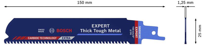 Bosch EXPERT dik taai metaal reciprocerende zaagblad weergegeven in zij- en eindaanzicht, gelabeld 150 mm lang en 25 mm hoog, met 1,25 mm dikte.