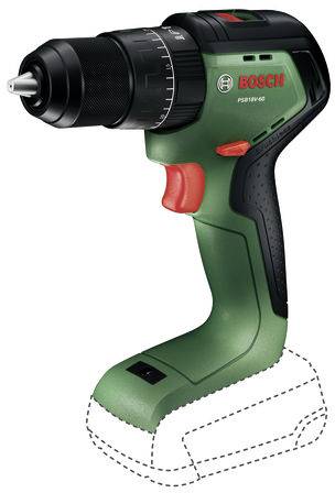 Bosch accuboormachine/schroefmachine weergegeven in zijaanzicht, met een gestippelde omtrek rond de batterijbasis die de locatie van het accupakket of vervangingsgebied aangeeft.