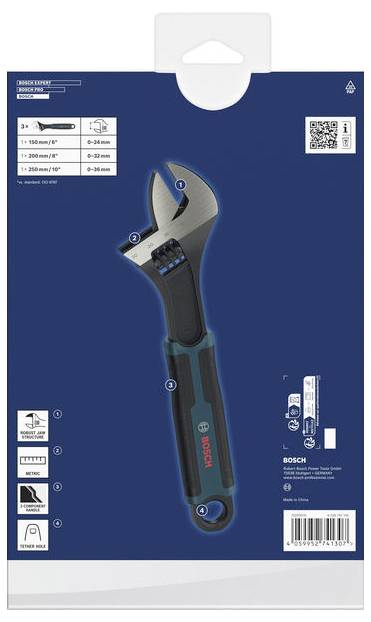Verpakking voor een Bosch snelinstelbare moersleutel, met de gereedschapsvoorkant en specificaties op een blauwe kaart met QR-code en streepjescode.