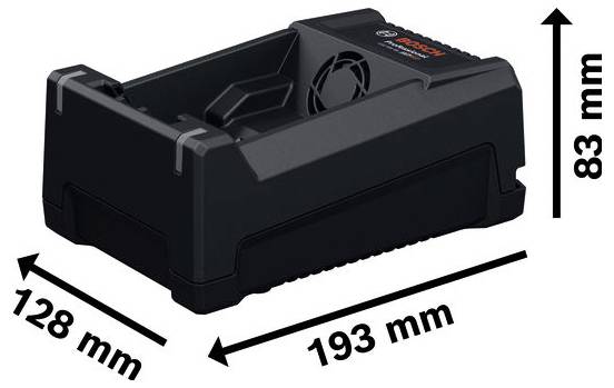 Zwart rechthoekig apparaat weergegeven in productstijlweergave met maataanduiders die aangeven dat het 193 mm lang, 128 mm breed en 83 mm hoog is.