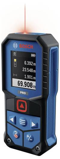 Bosch PRO lasermeetapparaat dat metingen van 6.392 m, 23.548 m, 1.901 m en een totaal van 69.908 m weergeeft.