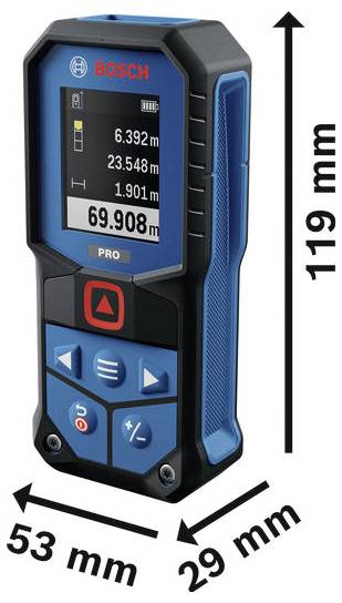 Bosch PRO laserAfstandsmeter met display, met afmetingen van 119 mm hoog, 53 mm breed en 29 mm diep.