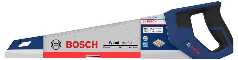 Bosch houten handzaag in blauw-wit verpakking, weergegeven in zijkant met duidelijk zichtbare zaaggreep en zaagblad.