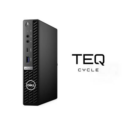Dell OptiPlex 5000 desktop tower naast het TEQ CYCLE logo op een witte achtergrond.