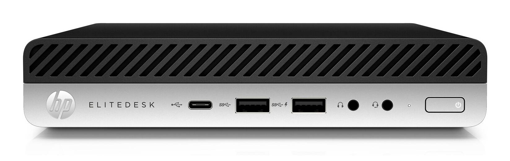 Vooraanzicht van een HP EliteDesk mini desktopcomputer met ventilatierooster, USB-poorten aan de voorkant, koptelefoonaansluiting en aan-uitknop.