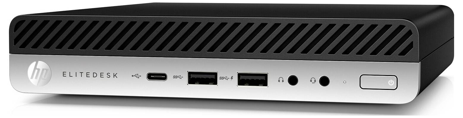 Vooraanzicht van een HP EliteDesk desktopcomputer met ventilatieopeningen, USB-poorten, audiokoppelingen en aan/uit-knop.