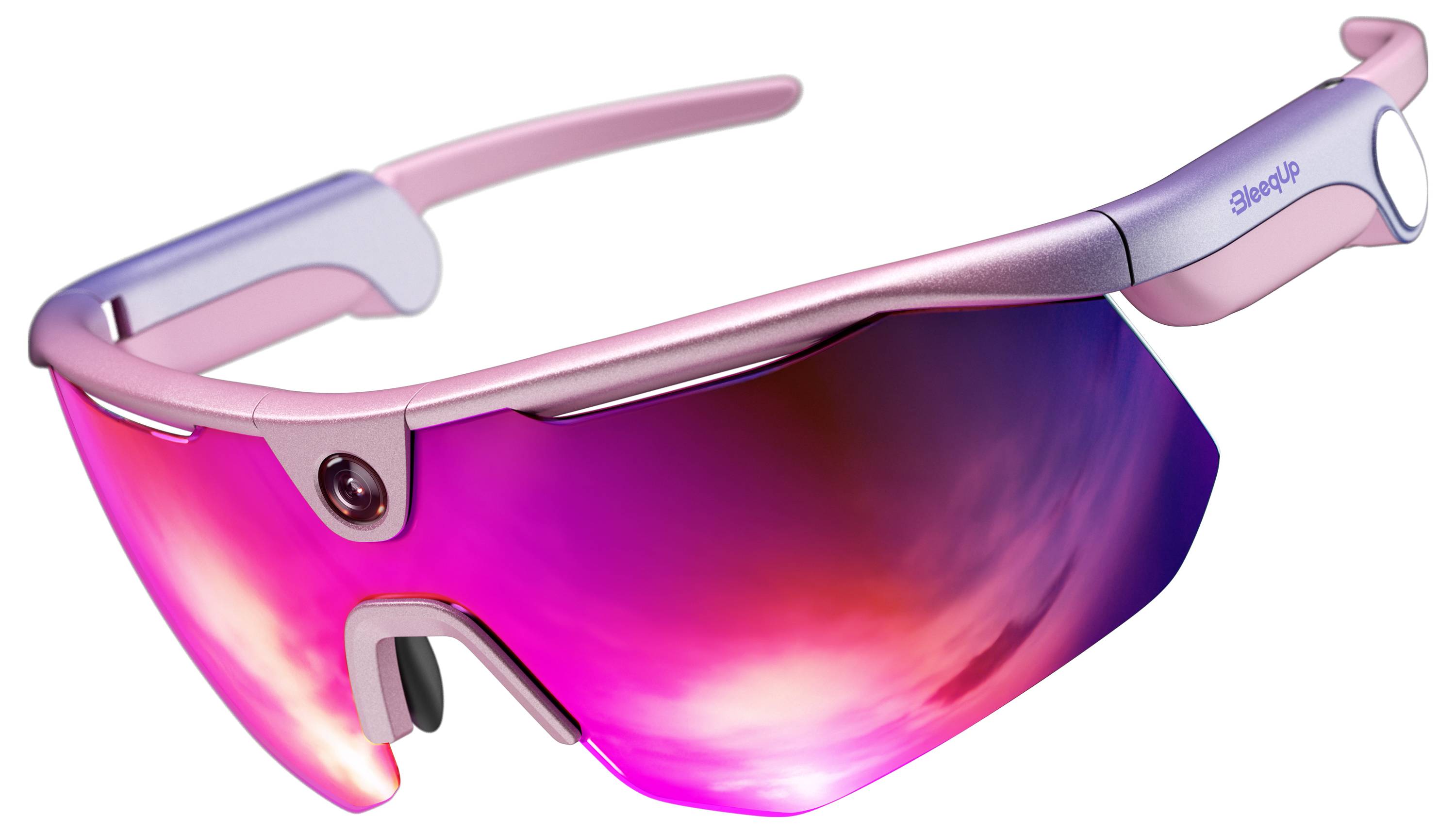 Roze gespiegelde omwikkelde sporthbrillen met een paars-roze frame en witte 'Skepp'-branding op de slaap.