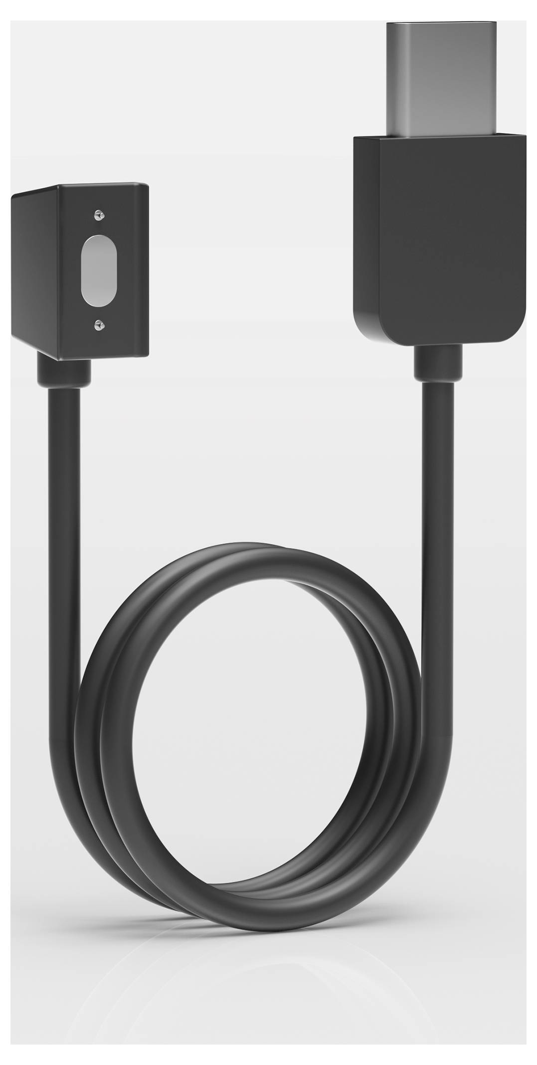 Zwarte kabel met een bedieningsknopenbox aan één uiteinde en een USB-C-aansluiting aan de ander uiteinde, opgerold tegen een lichte achtergrond.