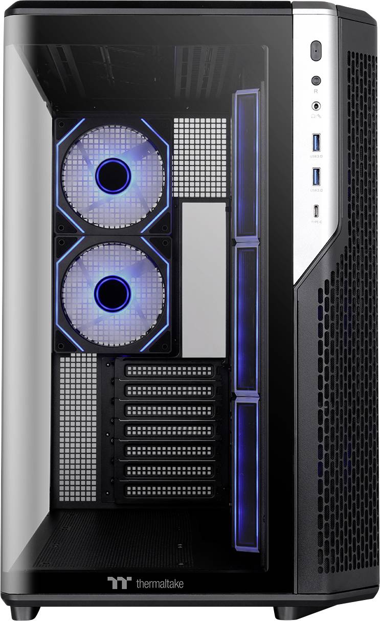Vooraanzicht van een zwarte desktop PC-toren met een transparant zijpaneel met twee blauw verlichte ventilatoren en interne componenten.