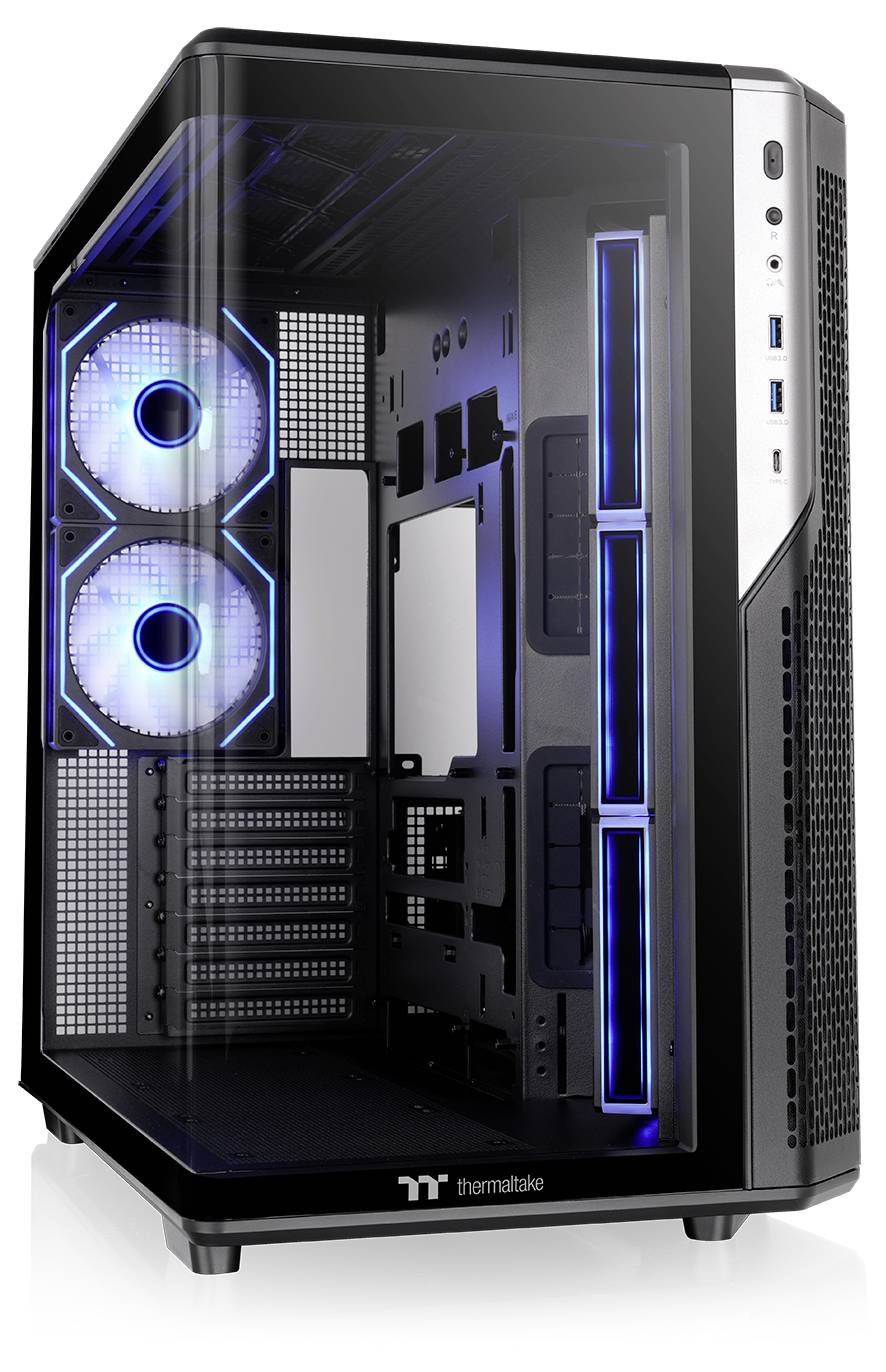 Zwarte Thermaltake PC-towerbehuizing met gehard glazen zijpaneel, blauwe verlichte voorfans en verlichte binnenventilatorbevestigingen.