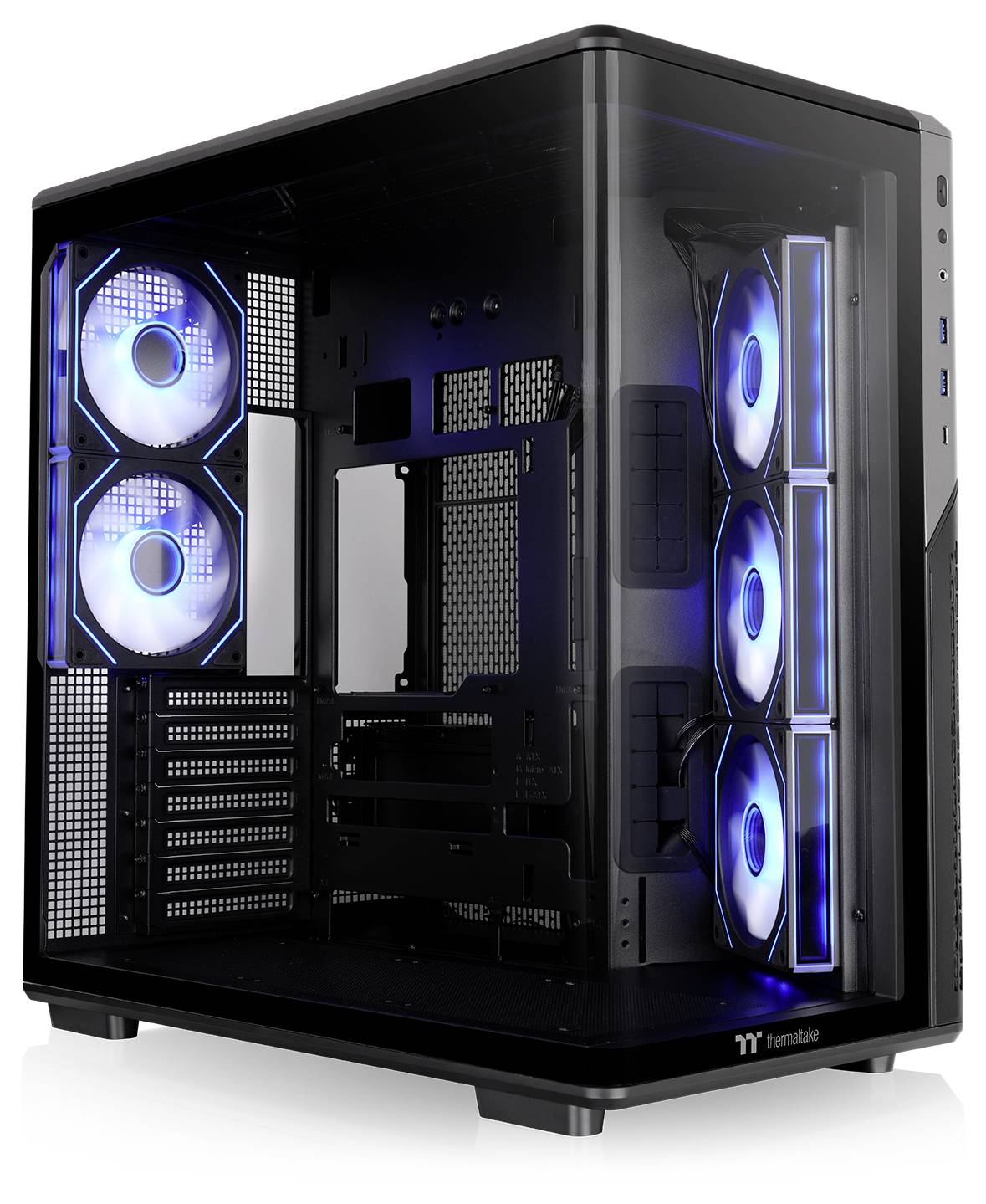 Zwarte PC-torencasus met gehard glaspatrelen en meerdere blauw verlichte koelventilators binnenin.