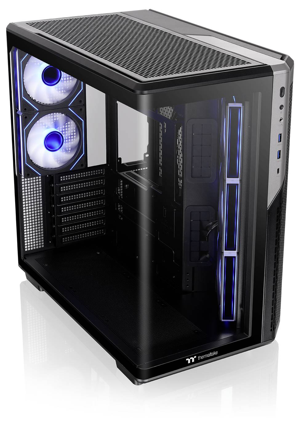 Zwarte Thermaltake PC-torencasemet gehard glasvenster aan de zijkant, blauwe LED-frontventilators en RGB-verlichtingsaccenten