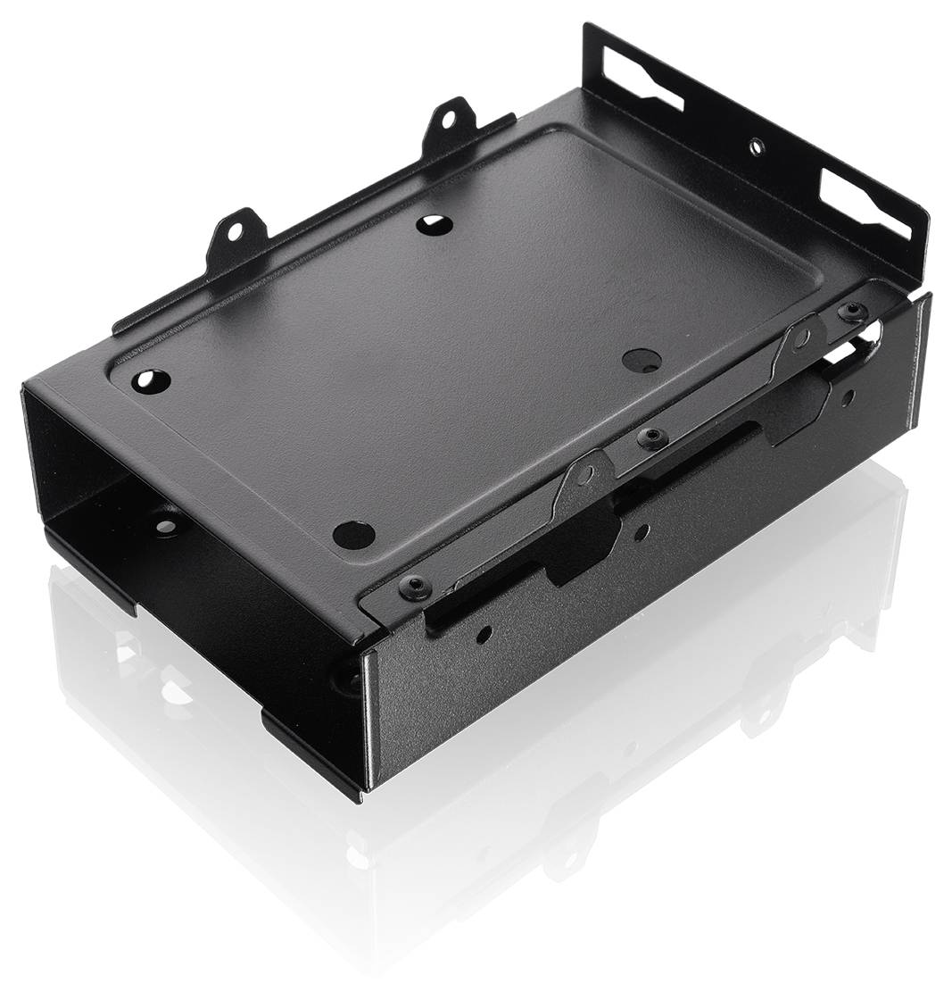 Zwart metalen elektronische behuizingsdoos met bevestigingstabs en schroefgaten, getoond op een witte achtergrond.