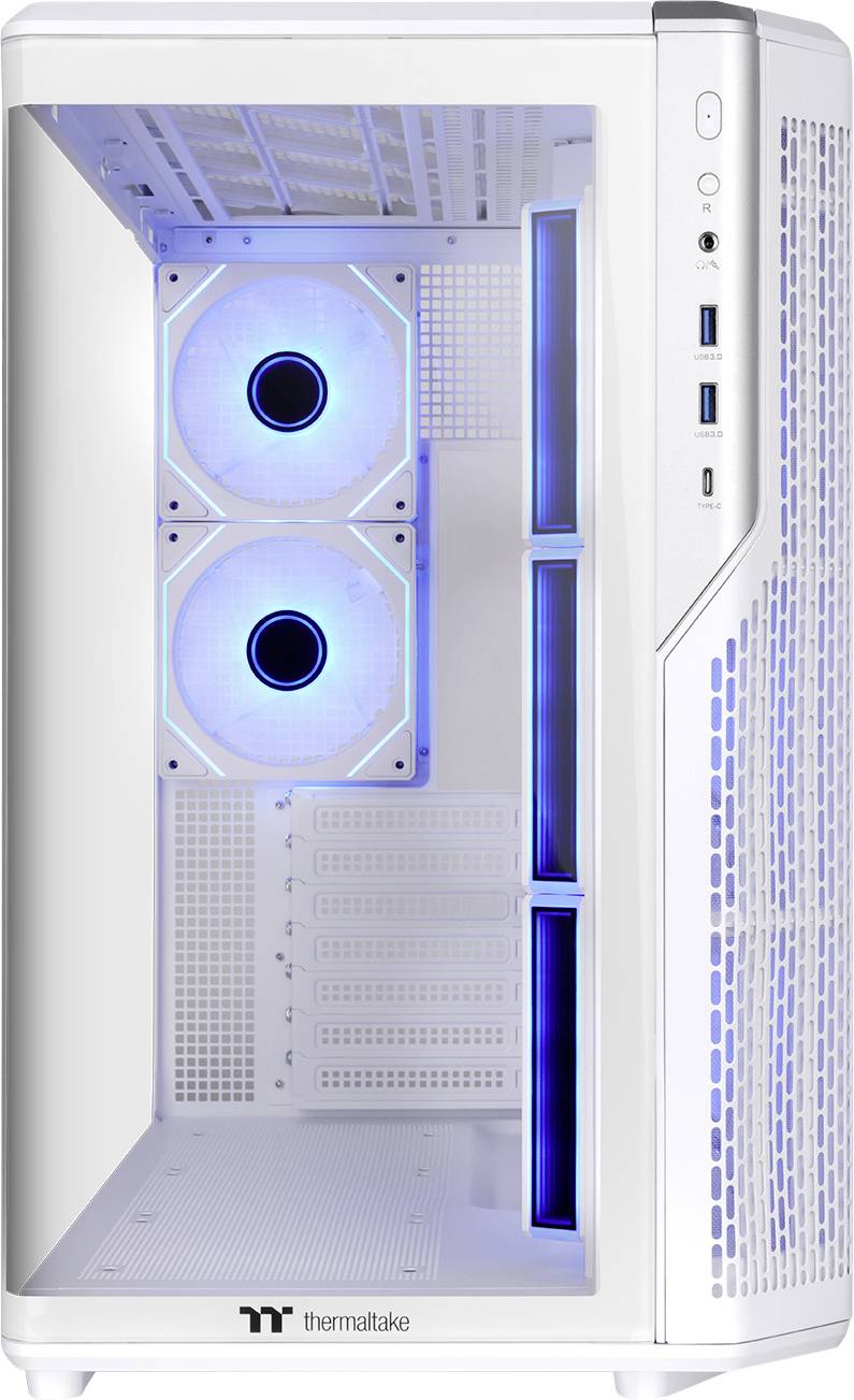 Witte Thermaltake PC-behuizing met transparant zijpaneel, met twee blauw verlichte koelventilators en frontale I/O-poorten.