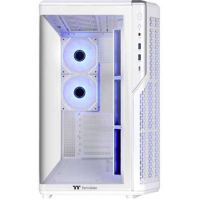 Witte Thermaltake PC-behuizing met transparant zijpaneel, met twee blauw verlichte koelventilators en frontale I/O-poorten.