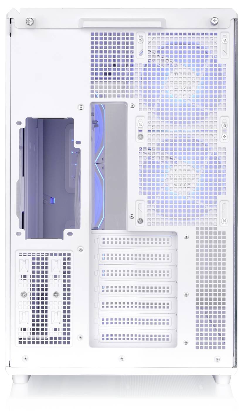 Achterkant van een witte desktopcomputerkast met ventilatierooster, twee blauw verlichte ventilatoren, uitbreidingssleuften en een zijdeopening