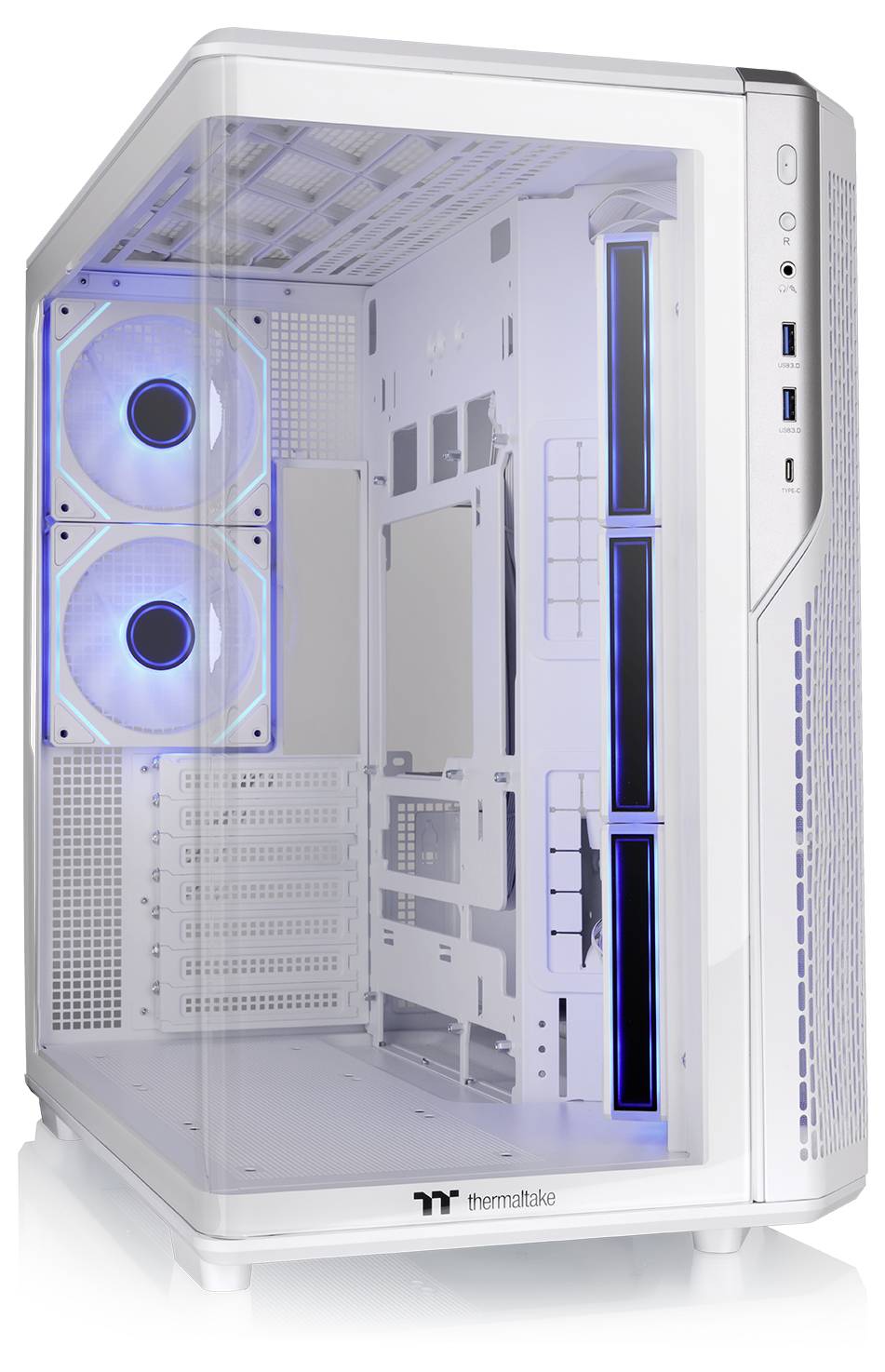 Witte Thermaltake desktop-pc-behuizing met transparant zijpaneel, blauwe LED-voorfans en meerdere zichtbare interne schijfbays.