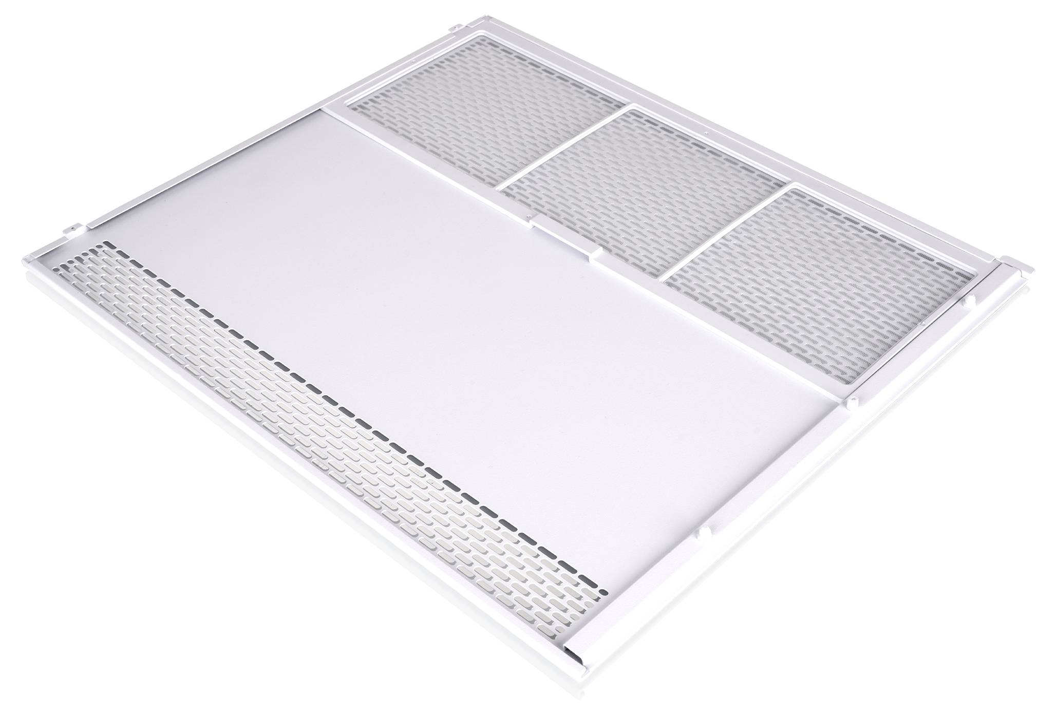 Wit rechthoekig plafondpaneel met drie geperforeerde ventilatieopeningen en een glad centraal paneel, weergegeven op een witte achtergrond.