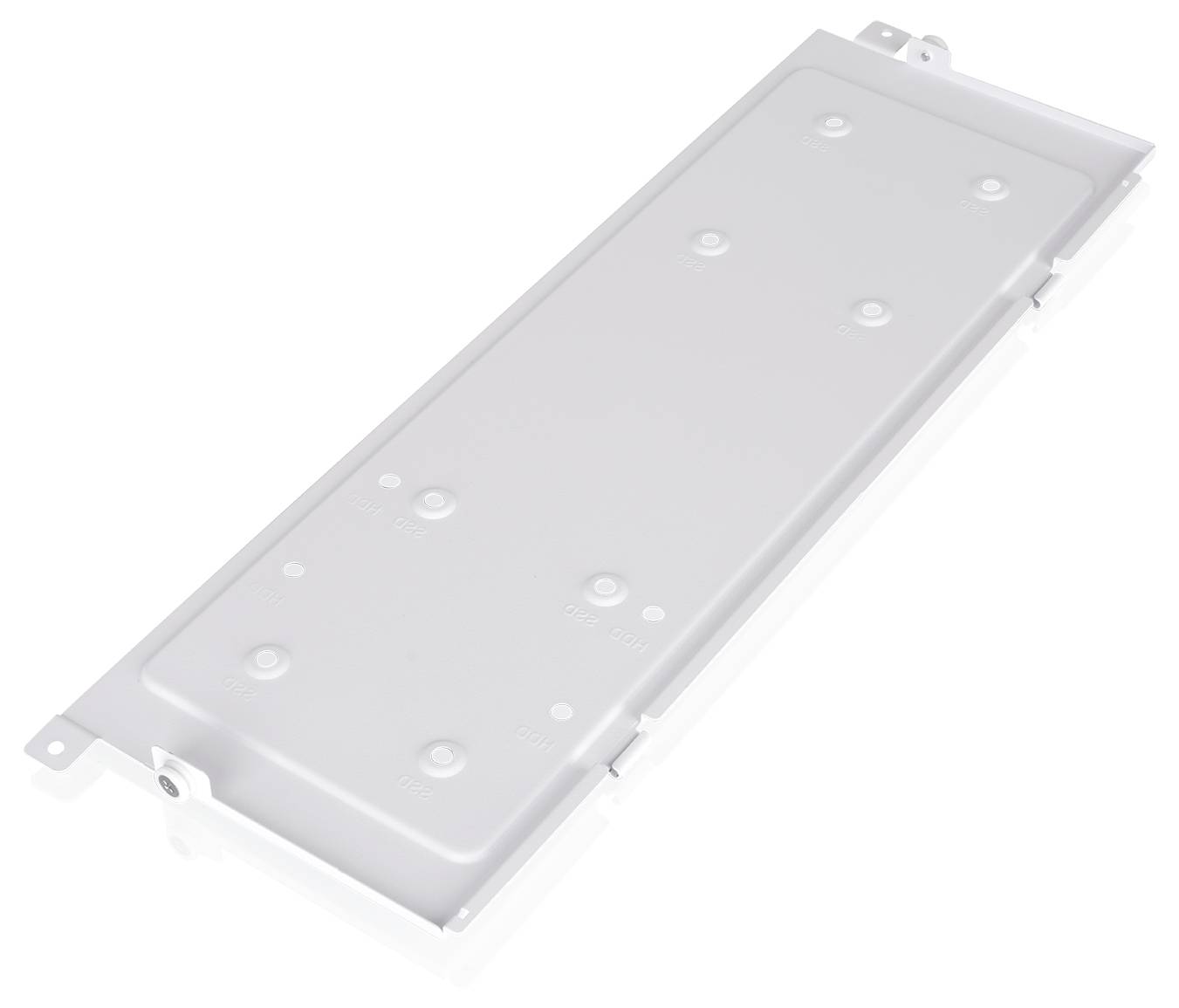 Rechthoekig zilveren metalen afdekpaneel met bevestigingsflappen en schroefgaten, weergegeven op een witte achtergrond.