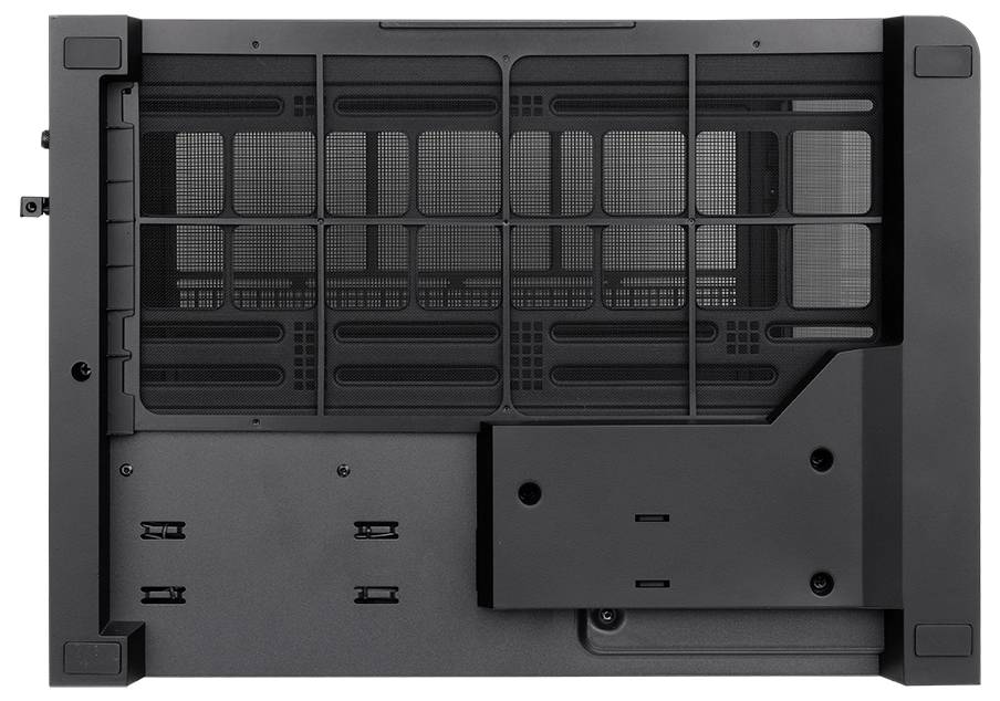Zwart computerkasstijpaneel met ventilatierooster en afneembaar toegangspaneel van achteren gezien.