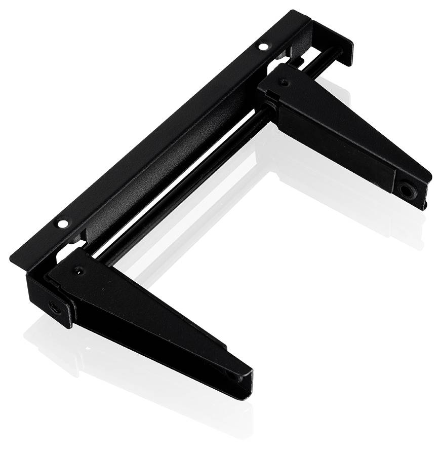 Zwart metalen opklapbare plankdrager of steunarm afgebeeld op een witte achtergrond