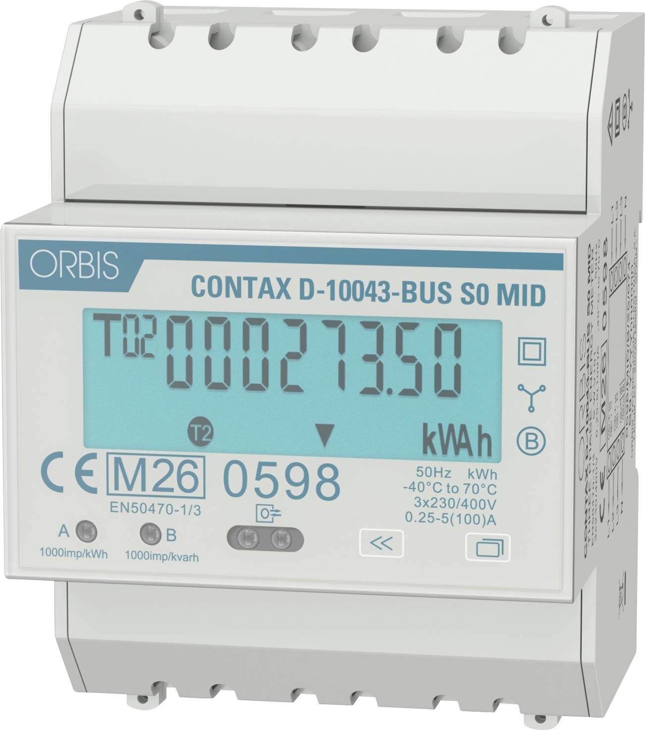 Digitaal elektriciteitsmeter-display met aflezing 000273.50 kWh op een ORBIS CONTAX D-10043-BUS SO MID apparaat.