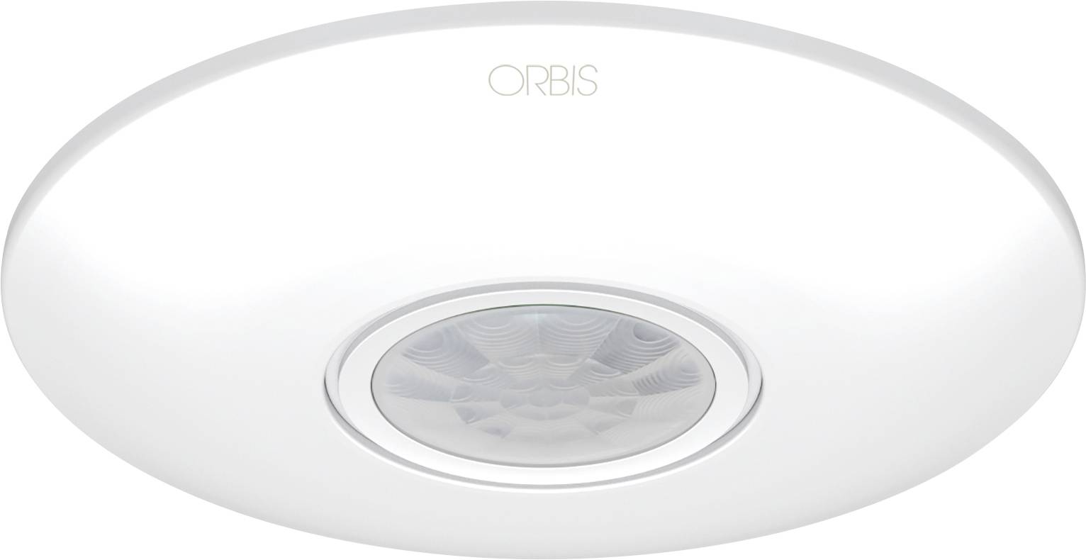 Witte ronde plafondlamp met centraal bewegingssensor, gelabeld 'ORBIS'.