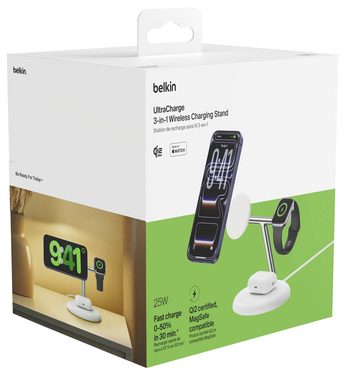Belkin UltraCharge 3-in-1 draadloos oplaadstation voor telefoon, horloge en oordopjes, weergegeven als afbeelding van een productpakket.