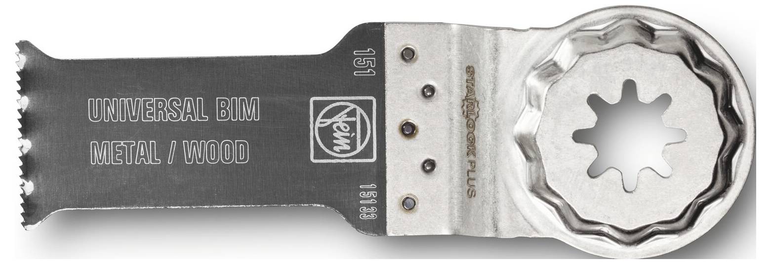 Close-up van een FEIN Universal BIM metaal-/hout oscillerende zaagblad met een ronde multi-tool bevestigingskop.