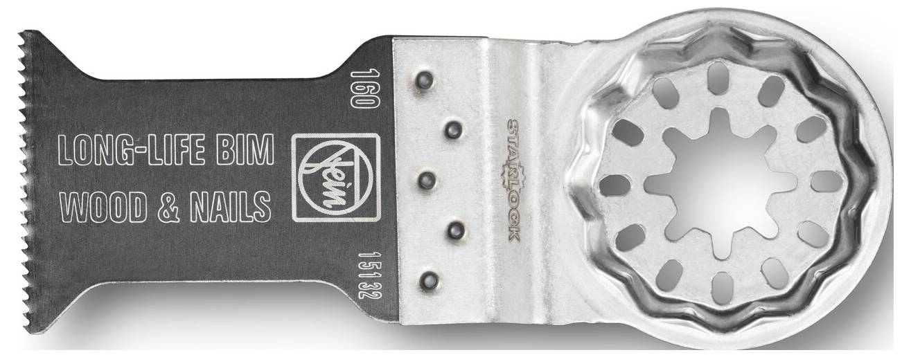 Close-up van een metalen oscillerend multitool-blad met het label 'LONG-LIFE BIM WOOD & NAILS', met een getande snijkant en ronde bevestigingskop.