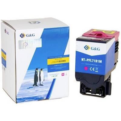 G&G printerinktcartridge weergegeven naast de retailverpakking, gelabeld NT-PFL71B1M met een magentakleurige dop.