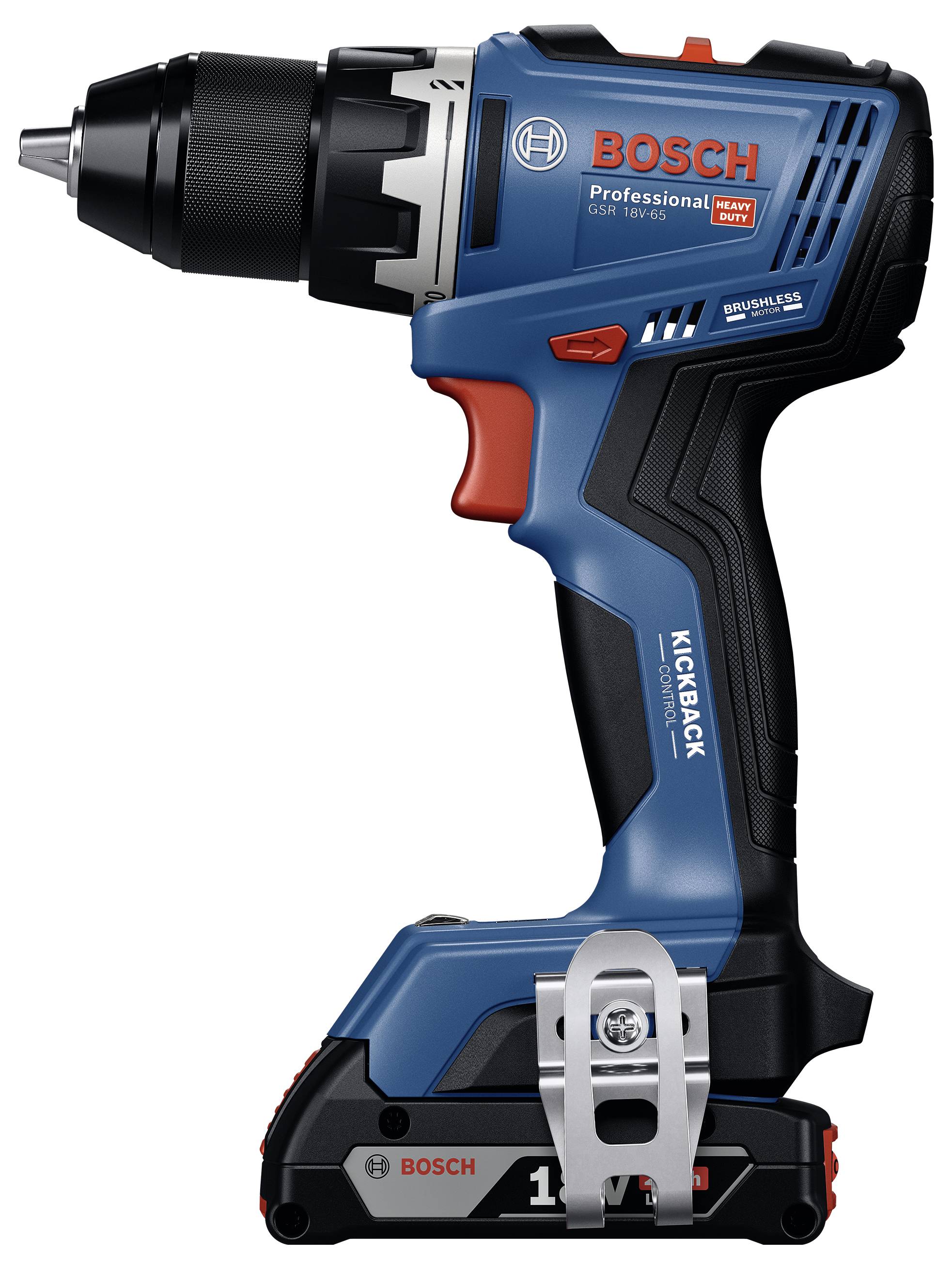Bosch Professional accuboormachine, blauw en zwart, met batterijpack en boorhouder gericht naar links.